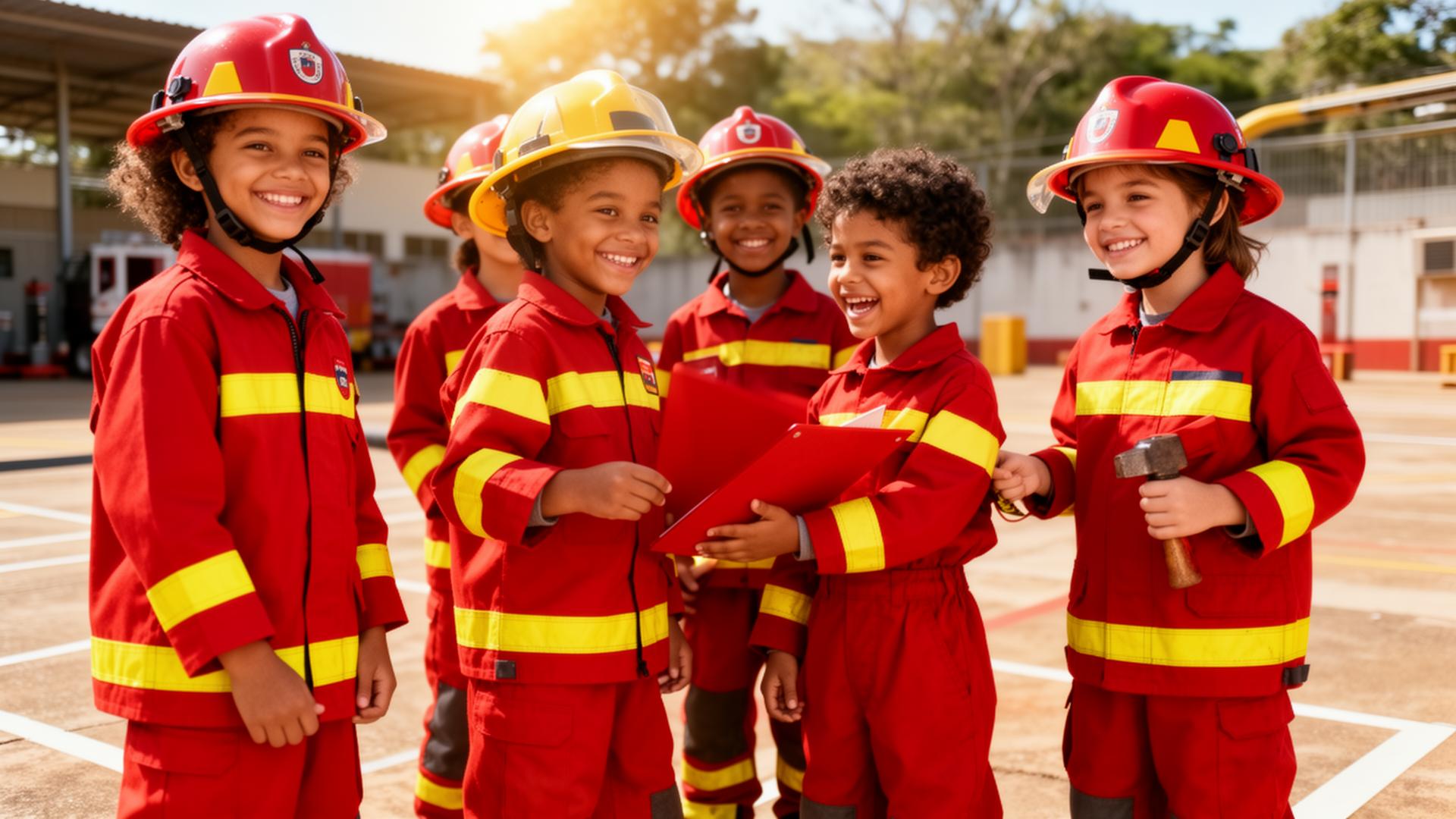Crianças em treinamento de bombeiro mirim